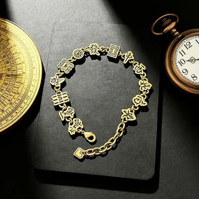 Alt view image 3 of 7 - Hand Chain Bracelet For Women, Gold Silver Chinese Mahjong Style Beads For Bracelets Stack Adjustable Good Luck Jewelry Gift (Gold Black Chain)