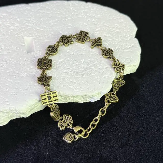 Alt view image 6 of 7 - Hand Chain Bracelet For Women, Gold Silver Chinese Mahjong Style Beads For Bracelets Stack Adjustable Good Luck Jewelry Gift (Gold Black Chain)
