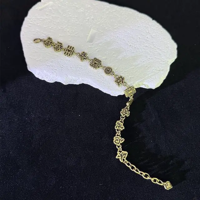 Alt view image 7 of 7 - Hand Chain Bracelet For Women, Gold Silver Chinese Mahjong Style Beads For Bracelets Stack Adjustable Good Luck Jewelry Gift (Gold Black Chain)