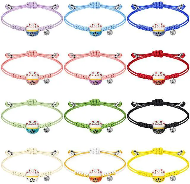 Main image of Lucky Cat Bracelet, 12 Pcs Maneki Neko Bracelets Set with Ceramic Beads & Bell, Adjustable Hand Chain Good Luck Ceramic Gift(12 Pcs)