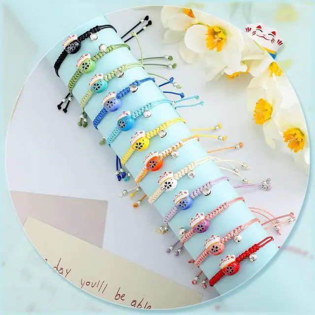 Alt view image 2 of 7 - Lucky Cat Bracelet, 12 Pcs Maneki Neko Bracelets Set with Ceramic Beads & Bell, Adjustable Hand Chain Good Luck Ceramic Gift(12 Pcs)