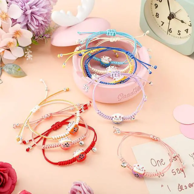 Alt view image 3 of 7 - Lucky Cat Bracelet, 12 Pcs Maneki Neko Bracelets Set with Ceramic Beads & Bell, Adjustable Hand Chain Good Luck Ceramic Gift(12 Pcs)