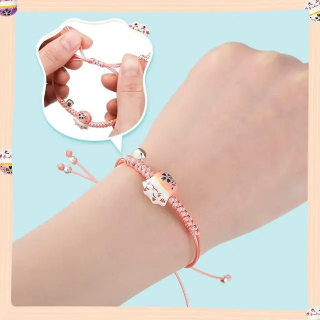 Alt view image 6 of 7 - Lucky Cat Bracelet, 12 Pcs Maneki Neko Bracelets Set with Ceramic Beads & Bell, Adjustable Hand Chain Good Luck Ceramic Gift(12 Pcs)
