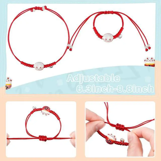 Alt view image 7 of 7 - Lucky Cat Bracelet, 12 Pcs Maneki Neko Bracelets Set with Ceramic Beads & Bell, Adjustable Hand Chain Good Luck Ceramic Gift(12 Pcs)