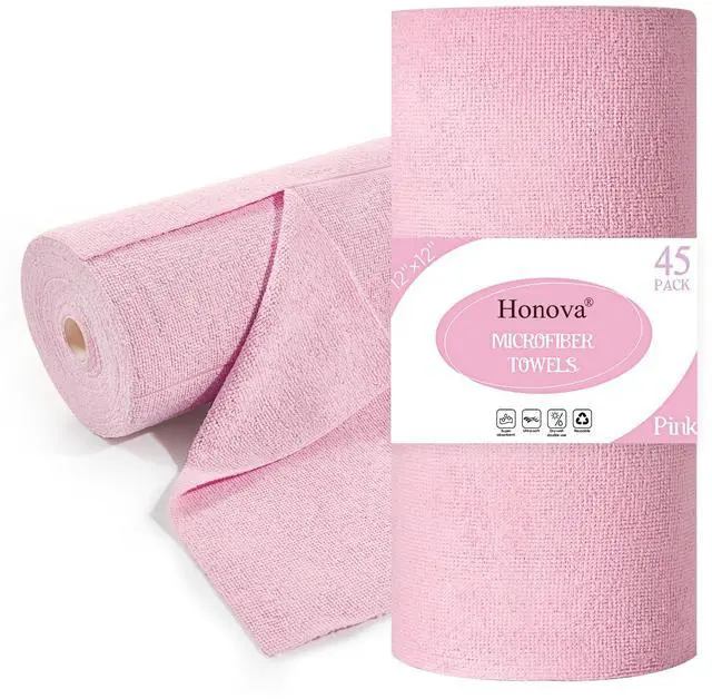 Main image of Microfiber Cleaning Cloth Roll 45 Pack, 12''×12" Reusable Paper Towels, Tear Away Microfiber Towels, Highly Absorbent, All-Purpose Washable Cleaning Rags for Kitchen, Window, Car, Shop (Pink)