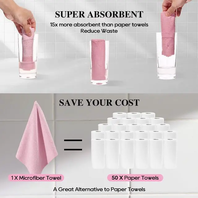Alt view image 5 of 7 - Microfiber Cleaning Cloth Roll 45 Pack, 12''×12" Reusable Paper Towels, Tear Away Microfiber Towels, Highly Absorbent, All-Purpose Washable Cleaning Rags for Kitchen, Window, Car, Shop (Pink)