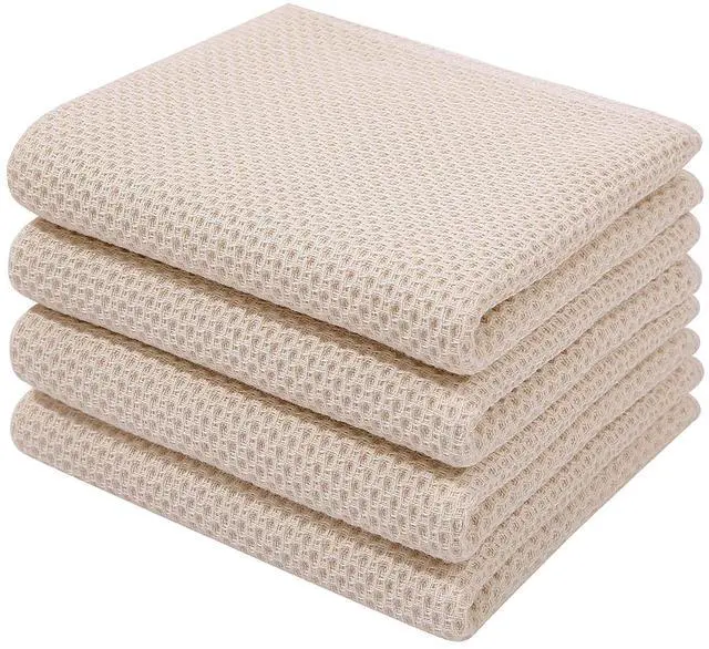 Main image of 100% Cotton Waffle Weave Kitchen Dish Towels, Ultra Soft Absorbent Quick Drying Cleaning Towel, 13 x 28 Inches, 4-Pack, Beige
