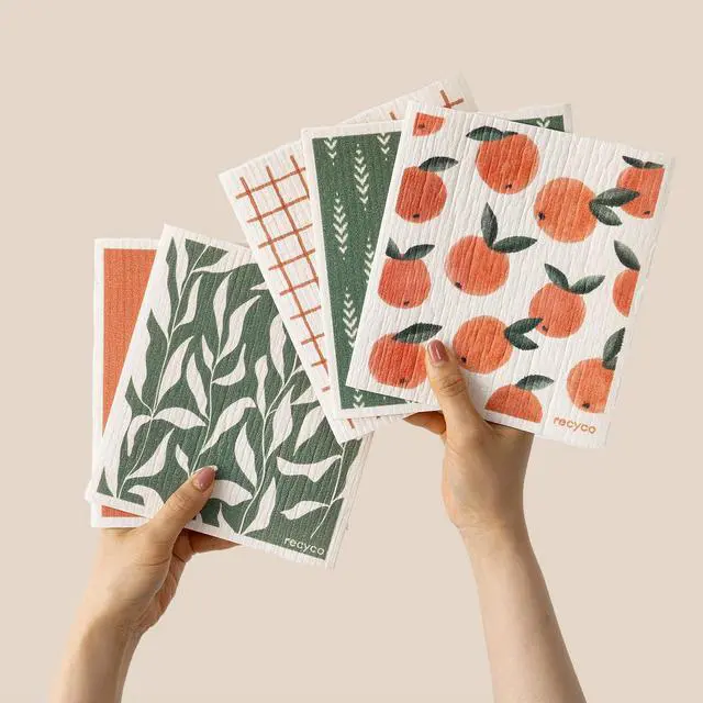 Main image of Swedish Dishcloths for Kitchen | 5 Pack Peachy Leaves Washable Dish Rags | Cellulose Reusable Cleaning Paper Towels | Absorbent Counter Dish Cloth Sponge Kitchen Wipes, 8" L x 7" W