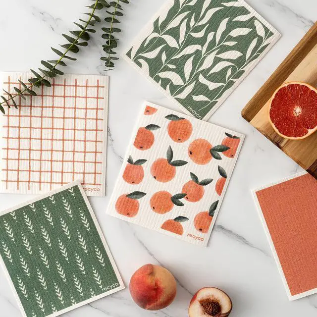 Alt view image 2 of 7 - Swedish Dishcloths for Kitchen | 5 Pack Peachy Leaves Washable Dish Rags | Cellulose Reusable Cleaning Paper Towels | Absorbent Counter Dish Cloth Sponge Kitchen Wipes, 8" L x 7" W