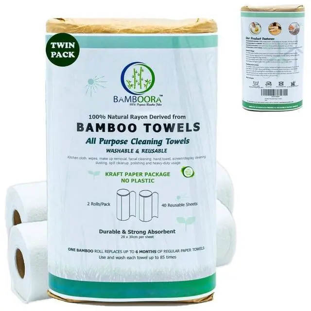 Main image of Reusable Bamboo Rayon Towels - Pack of 2 Washable Kitchen Paper Towels - Lint free, Zero Waste, Recyclable, 2x20 Heavy Duty Organic Washable Rolls