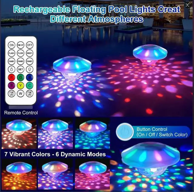 Alt view image 2 of 7 - Rechargeable Floating Pool Lights: Remote Control Pool Lights that Float with 6 Dynamic Lighting IP68 Waterproof RGB Upper and Lower Floating Lights for Hot Tub Pool Garden Party 1 Pack
