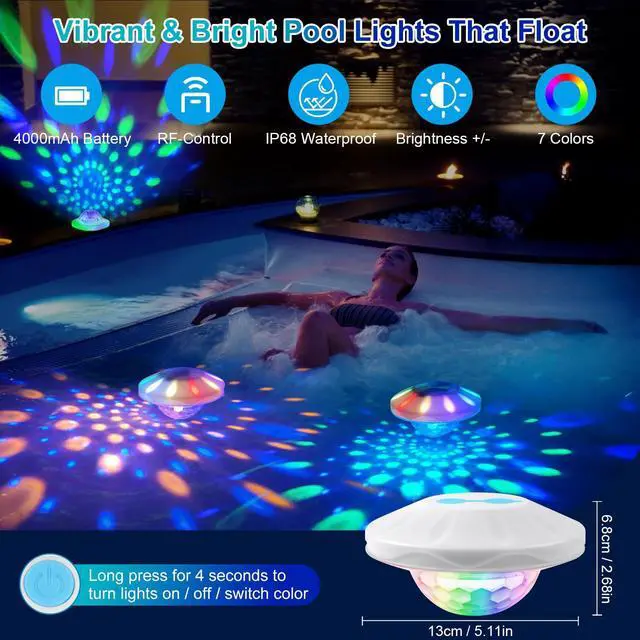 Alt view image 3 of 7 - Rechargeable Floating Pool Lights: Remote Control Pool Lights that Float with 6 Dynamic Lighting IP68 Waterproof RGB Upper and Lower Floating Lights for Hot Tub Pool Garden Party 1 Pack