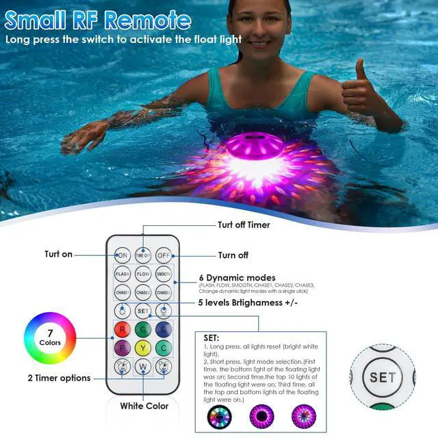 Alt view image 5 of 6 - Floating Pool Lights(1 Pack), Rechargeable Pool Lights with 6 Dynamic Lighting Effects, Upper and Lower Color Changing Floating Light, IP68 Waterproof Lights for Pools, Hot Tubs, Fountain