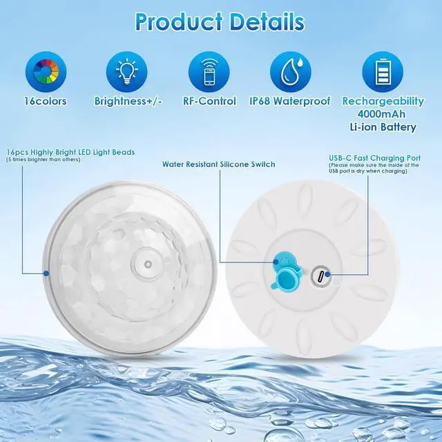 Alt view image 3 of 6 - Floating Pool Lights(1 Pack), Rechargeable Pool Lights with 6 Dynamic Lighting Effects, Upper and Lower Color Changing Floating Light, IP68 Waterproof Lights for Pools, Hot Tubs, Fountain