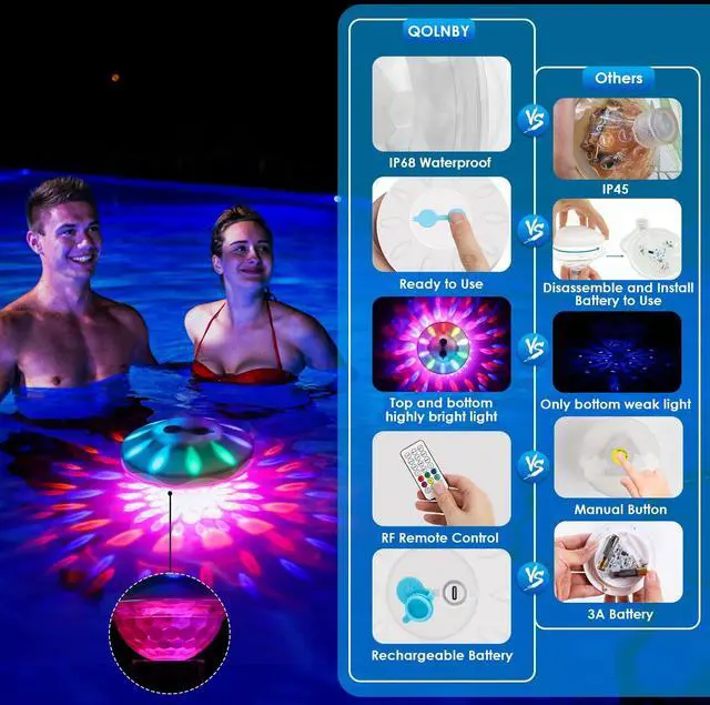 Alt view image 4 of 6 - Floating Pool Lights(1 Pack), Rechargeable Pool Lights with 6 Dynamic Lighting Effects, Upper and Lower Color Changing Floating Light, IP68 Waterproof Lights for Pools, Hot Tubs, Fountain