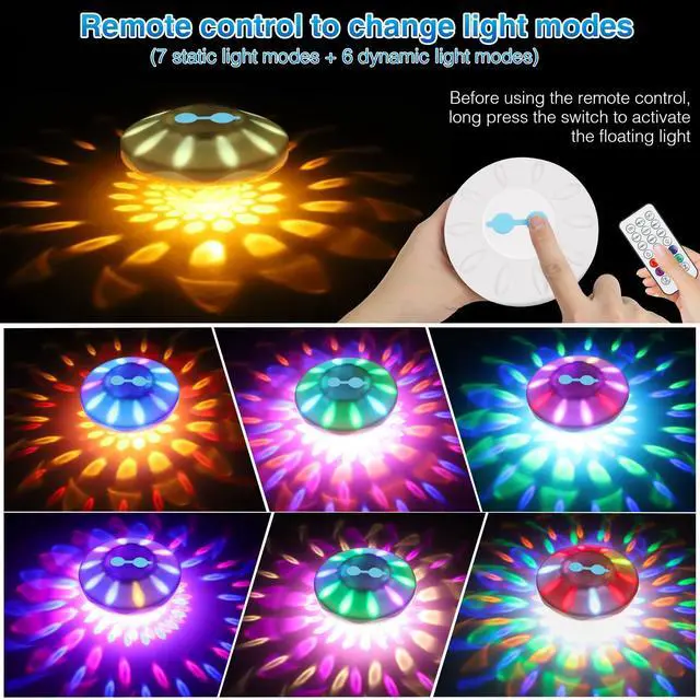 Alt view image 2 of 7 - Rechargeable Floating Pool Lights(1 Pack), Pool Lights with 6 Dynamic Lighting, IP68 Waterproof Pool Light RGB Upper and Lower Color Changing LED Pool Light for Pools, Party, Ponds