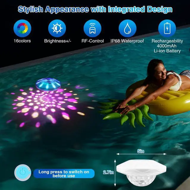Alt view image 4 of 7 - Rechargeable Floating Pool Lights(1 Pack), Pool Lights with 6 Dynamic Lighting, IP68 Waterproof Pool Light RGB Upper and Lower Color Changing LED Pool Light for Pools, Party, Ponds
