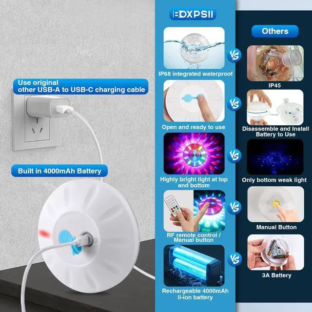 Alt view image 5 of 7 - Rechargeable Floating Pool Lights(1 Pack), Pool Lights with 6 Dynamic Lighting, IP68 Waterproof Pool Light RGB Upper and Lower Color Changing LED Pool Light for Pools, Party, Ponds