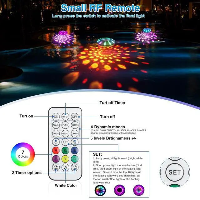 Alt view image 6 of 7 - Rechargeable Floating Pool Lights(1 Pack), Pool Lights with 6 Dynamic Lighting, IP68 Waterproof Pool Light RGB Upper and Lower Color Changing LED Pool Light for Pools, Party, Ponds