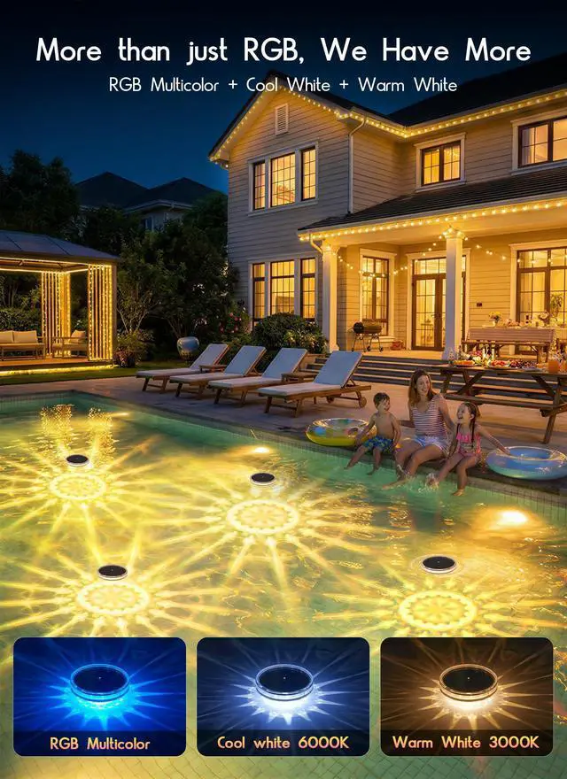 Alt view image 3 of 7 - Floating Solar Pool Lights 1 Pack, RGBWW 12 Lighting Modes, 3 Dimming & Timing IP68 Waterproof with Remote Control, Solar Floating Pool Lights for Above Ground Pools Inground Pools Accessories Bathtub