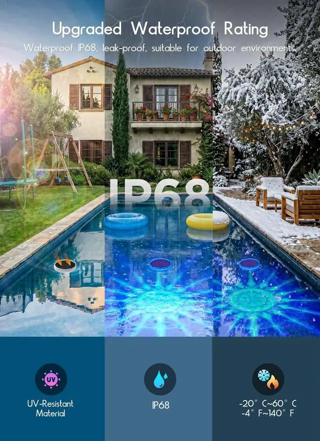 Alt view image 5 of 7 - Floating Solar Pool Lights 1 Pack, RGBWW 12 Lighting Modes, 3 Dimming & Timing IP68 Waterproof with Remote Control, Solar Floating Pool Lights for Above Ground Pools Inground Pools Accessories Bathtub
