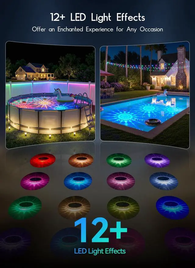 Alt view image 2 of 7 - Floating Solar Pool Lights 1 Pack, RGBWW 12 Lighting Modes, 3 Dimming & Timing IP68 Waterproof with Remote Control, Solar Floating Pool Lights for Above Ground Pools Inground Pools Accessories Bathtub