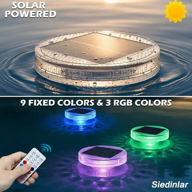 Alt view image 2 of 7 - Solar Floating Pool Lights with Remote, 12 Modes RGB Color Changing Solar Powered Pool Lights, Waterproof Floating Lights for Swimming Pool, Pond, Fountain, Backyard & Party Decor (2 Pack)