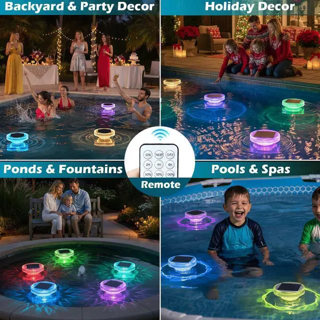 Alt view image 4 of 7 - Solar Floating Pool Lights with Remote, 12 Modes RGB Color Changing Solar Powered Pool Lights, Waterproof Floating Lights for Swimming Pool, Pond, Fountain, Backyard & Party Decor (2 Pack)