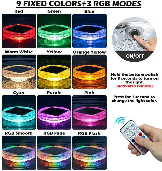 Alt view image 5 of 7 - Solar Floating Pool Lights with Remote, 12 Modes RGB Color Changing Solar Powered Pool Lights, Waterproof Floating Lights for Swimming Pool, Pond, Fountain, Backyard & Party Decor (2 Pack)