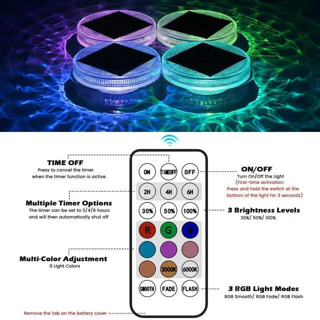 Alt view image 6 of 7 - Solar Floating Pool Lights with Remote, 12 Modes RGB Color Changing Solar Powered Pool Lights, Waterproof Floating Lights for Swimming Pool, Pond, Fountain, Backyard & Party Decor (2 Pack)