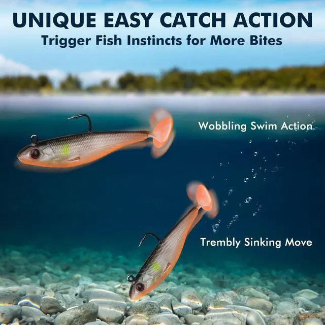Alt view image 2 of 7 - Shadtale Easy Catch Soft Fishing Lures with BKK Hooks - Trembly Sinking and Vibrating Swim for More Bites, Pre-Rigged Swimbaits for Bass, Trout, Crappie, Walleye, Freshwater Saltwater Fishing