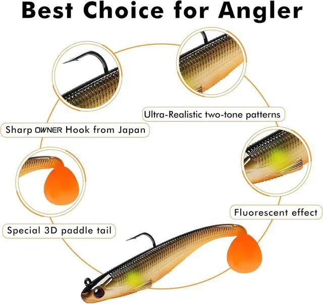 Alt view image 3 of 7 - Shadtale Easy Catch Soft Fishing Lures with BKK Hooks - Trembly Sinking and Vibrating Swim for More Bites, Pre-Rigged Swimbaits for Bass, Trout, Crappie, Walleye, Freshwater Saltwater Fishing