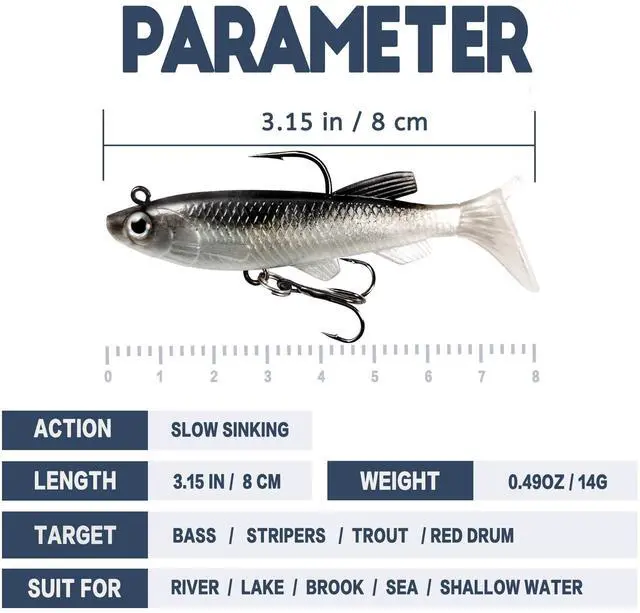 Alt view image 2 of 7 - Soft Fishing Lures Shad Minnow Swimbaits, Pre-Rigged Jig Heads Paddle Tail Swim Baits for Bass, Trout, Walleye, Crappie, Sinking Jigs Bait for Saltwater Freshwater, Fishing Gifts for Men