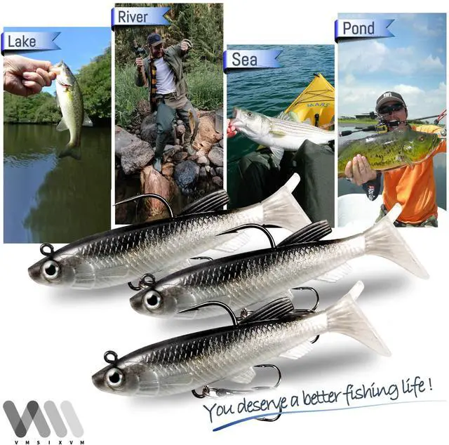 Alt view image 4 of 7 - Soft Fishing Lures Shad Minnow Swimbaits, Pre-Rigged Jig Heads Paddle Tail Swim Baits for Bass, Trout, Walleye, Crappie, Sinking Jigs Bait for Saltwater Freshwater, Fishing Gifts for Men