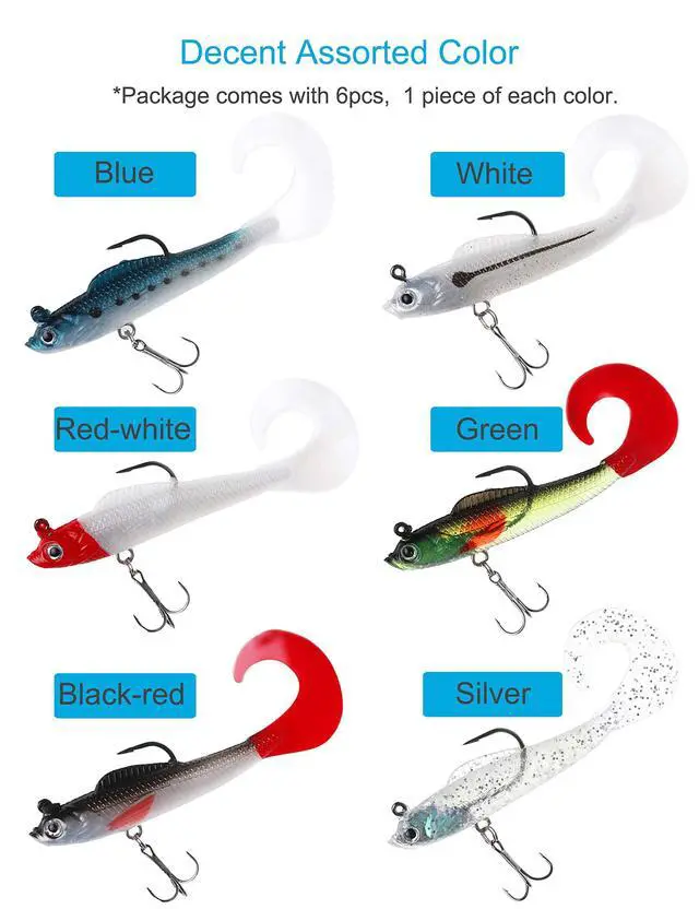 Alt view image 6 of 6 - Lures for Bass Jig Head Soft Swimbait, 6-Pack 6 Colors Plastic Bait for Saltwater/Freshwater Fishing