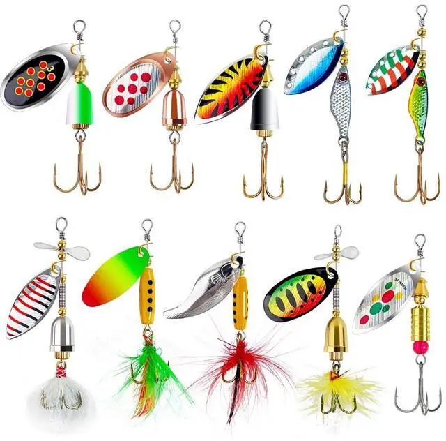 Main image of Fishing Spinner Baits for Freshwater and Saltwater, 10pcs Rooster Tail Fishing Lures & Spinning Spoons, Hard Metal Baits for Bass Trout Salmon with 2 Tackle Boxes