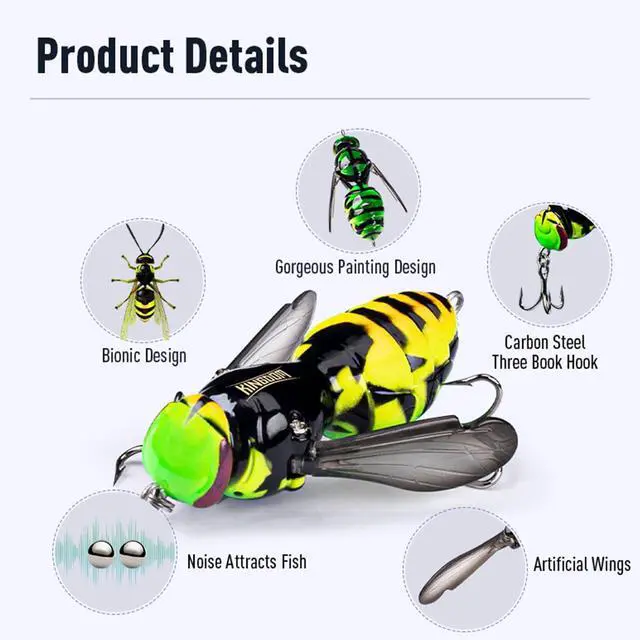 Alt view image 3 of 7 - Wasp Crawl Lure Insect Bionic Floating Fishing Lures Swimbaits Hard Artificial Baits Lure for Bass, Carp, Pike, Lifelike Skin Pattern Walleye Fishing Carbon Steel Three Book Hook #01 40mm 4.2g