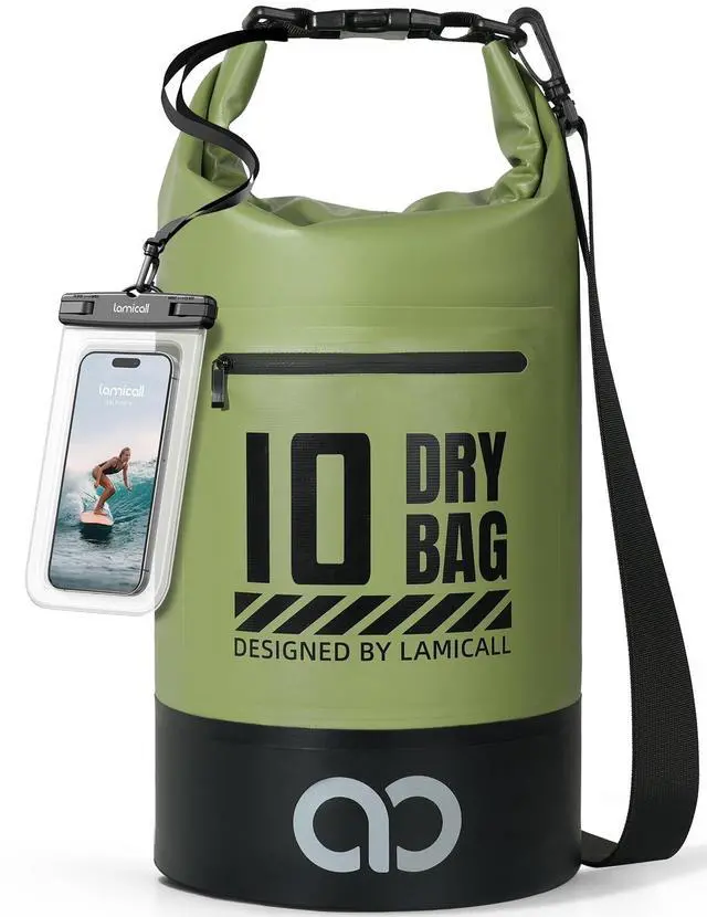 Main image of Waterproof Dry Bag with Phone Pouch - 5L/10L/20L/30L/40L Floating Roll Top Backpack for Kayaking Boating Beach Camping Fishing - Heavy Duty 500D PVC Marine Dry Sack for Men, Women, Green 10L