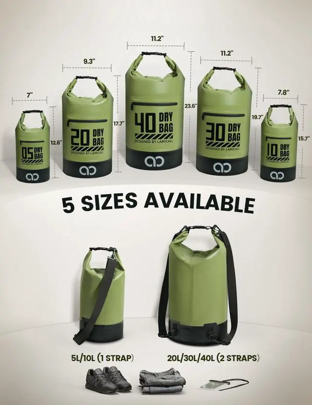 Alt view image 2 of 7 - Waterproof Dry Bag with Phone Pouch - 5L/10L/20L/30L/40L Floating Roll Top Backpack for Kayaking Boating Beach Camping Fishing - Heavy Duty 500D PVC Marine Dry Sack for Men, Women, Green 10L