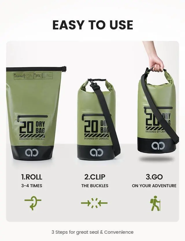 Alt view image 6 of 7 - Waterproof Dry Bag with Phone Pouch - 5L/10L/20L/30L/40L Floating Roll Top Backpack for Kayaking Boating Beach Camping Fishing - Heavy Duty 500D PVC Marine Dry Sack for Men, Women, Green 10L