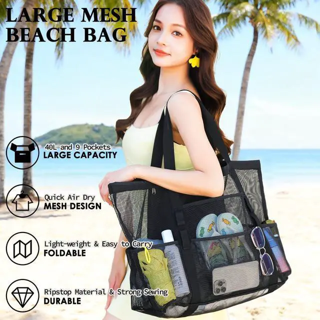 Alt view image 3 of 7 - Extra Large Mesh Beach Bag for Women, Top Zipper Closure Pool Tote, SandProof Cruise Essentials 2026 Family Travel