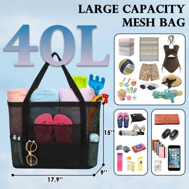 Alt view image 4 of 7 - Extra Large Mesh Beach Bag for Women, Top Zipper Closure Pool Tote, SandProof Cruise Essentials 2026 Family Travel
