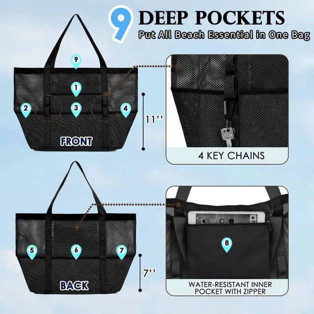Alt view image 5 of 7 - Extra Large Mesh Beach Bag for Women, Top Zipper Closure Pool Tote, SandProof Cruise Essentials 2026 Family Travel