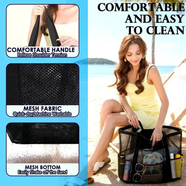 Alt view image 6 of 7 - Extra Large Mesh Beach Bag for Women, Top Zipper Closure Pool Tote, SandProof Cruise Essentials 2026 Family Travel