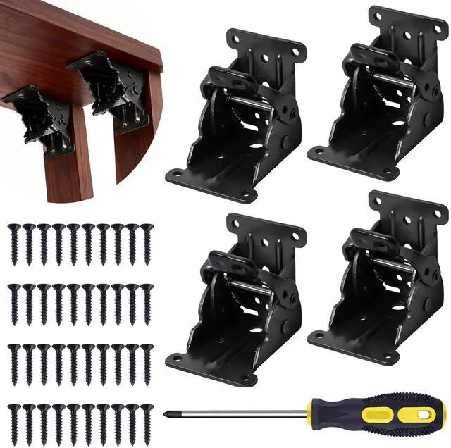 Main image of 4 Pack Folding Table Leg Brackets with Self-Locking Hinges 0-90°, Folding Shelf Brackets, Folding Brackets Heavy Duty, with Screwdriver & 40 Screws, for Furniture, Table, Chair, Shelf