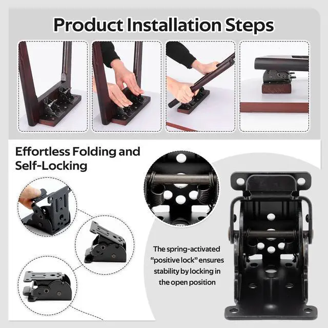 Alt view image 4 of 7 - 4 Pack Folding Table Leg Brackets with Self-Locking Hinges 0-90°, Folding Shelf Brackets, Folding Brackets Heavy Duty, with Screwdriver & 40 Screws, for Furniture, Table, Chair, Shelf