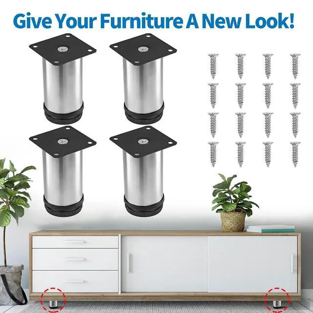 Alt view image 2 of 7 - 4 Inch Metal Furniture Legs Stainless Steel Adjustable Legs Silver Table Legs Round Cabinet Legs for Coffee Table Cabinet Desk Sofa Shelves, Pack of 4