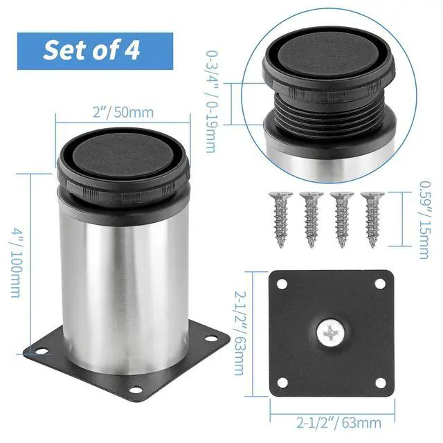 Alt view image 4 of 7 - 4 Inch Metal Furniture Legs Stainless Steel Adjustable Legs Silver Table Legs Round Cabinet Legs for Coffee Table Cabinet Desk Sofa Shelves, Pack of 4