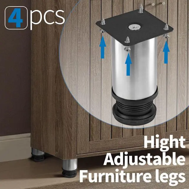 Alt view image 5 of 7 - 4 Inch Metal Furniture Legs Stainless Steel Adjustable Legs Silver Table Legs Round Cabinet Legs for Coffee Table Cabinet Desk Sofa Shelves, Pack of 4