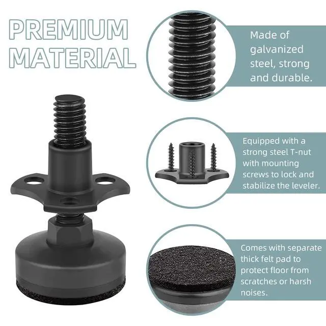 Alt view image 4 of 7 - Heavy Duty Furniture Levelers, 4 Pack 3/8"-16 Threaded Leveling Feet Furniture Levelers Table Feet Adjustable Leg Levelers for Table/ Chair/Sofa/Desk/Cabinet/Workbench, Supports 1320LBs-Black